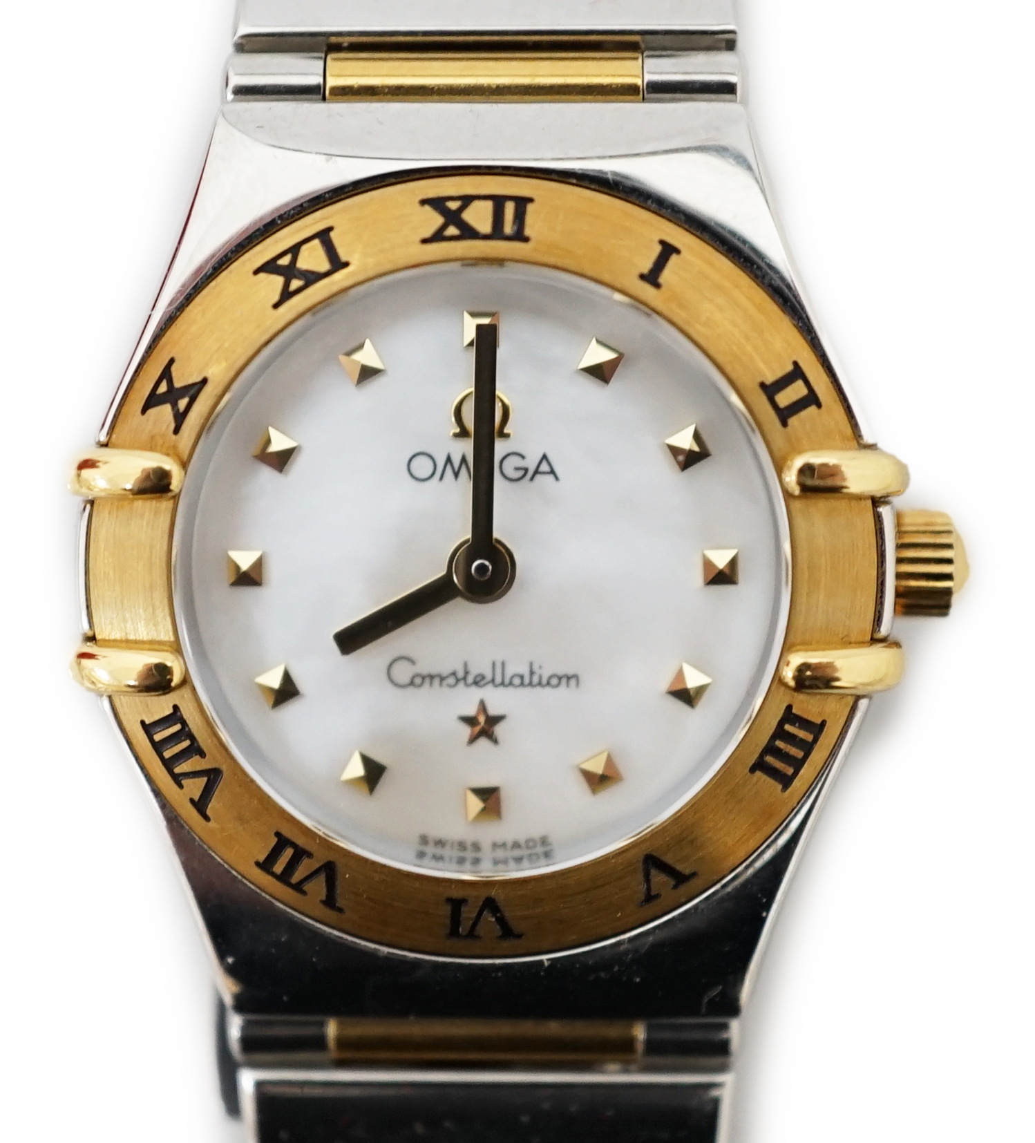 A lady's modern stainless steel and gold plated Omega Constellation quartz wrist watch